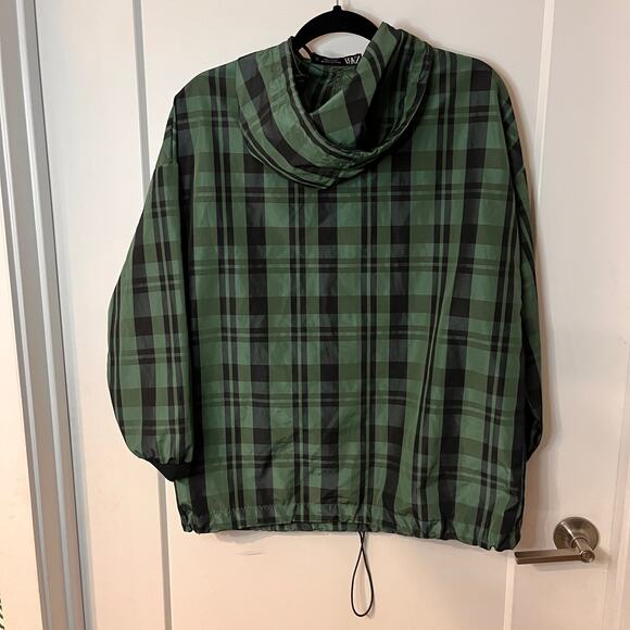 Zara Green & Black Plaid Windbreaker Pullover Hoodie Size Medium - Picture 4 of 9